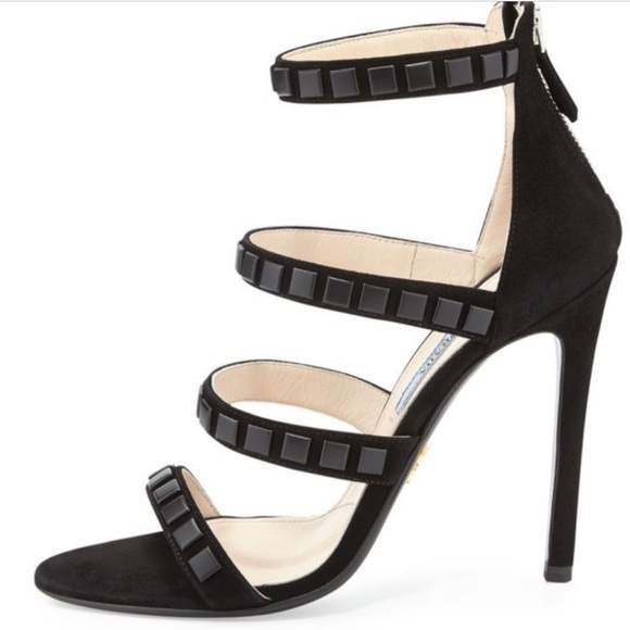Prada Suede Studded Black Ankle Strap Sandals - Picture 1 of 5